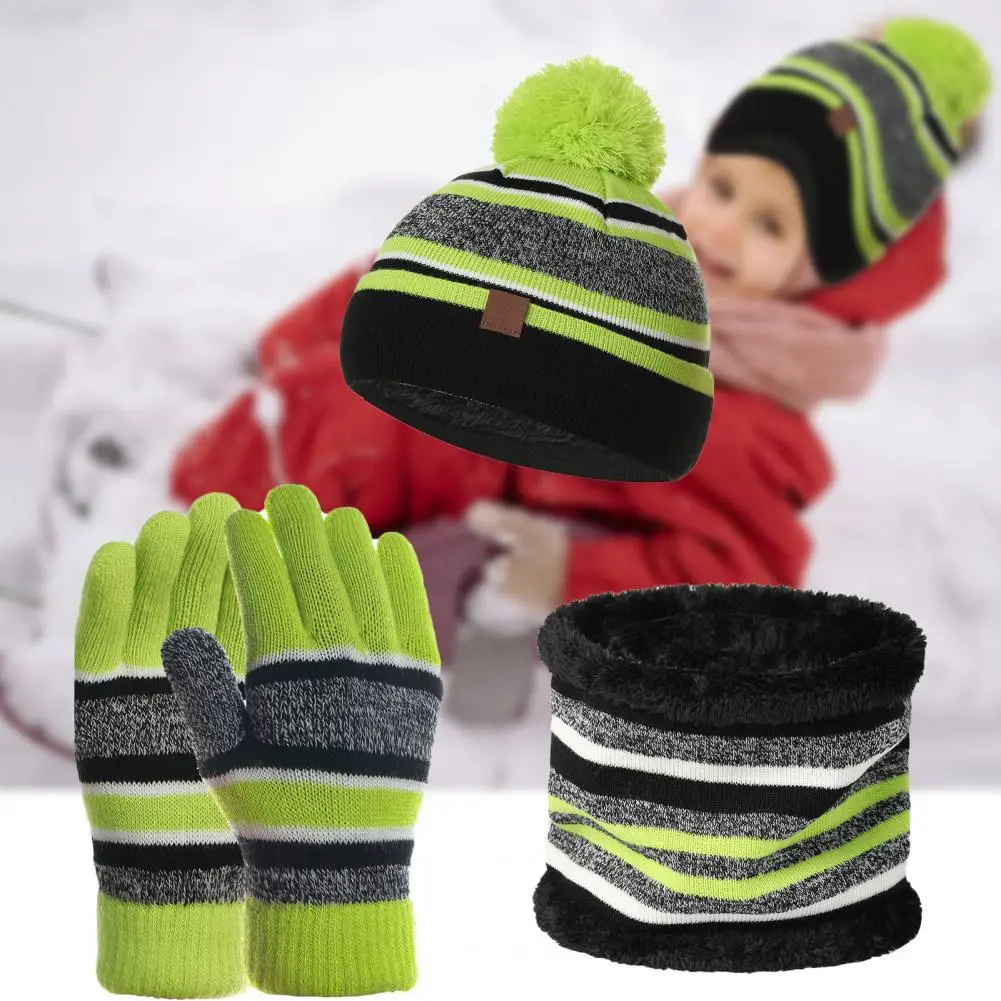 Conjunto de guantes elásticos para niños, gorro de punto grueso, bufanda, suave, a rayas, para otoño e invierno, 1 Juego