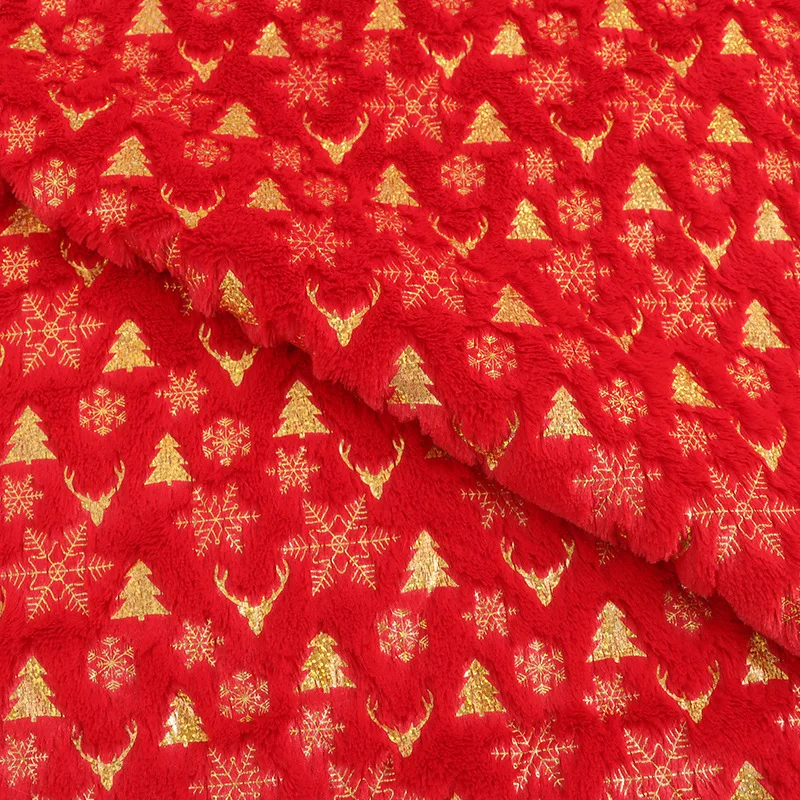 

Gold Stamped Christmas Long Plush Fabric Snowflake X-mas Tree Pattern Clothing Shoes Hat Bag Handmade Diy Sewing Fabric