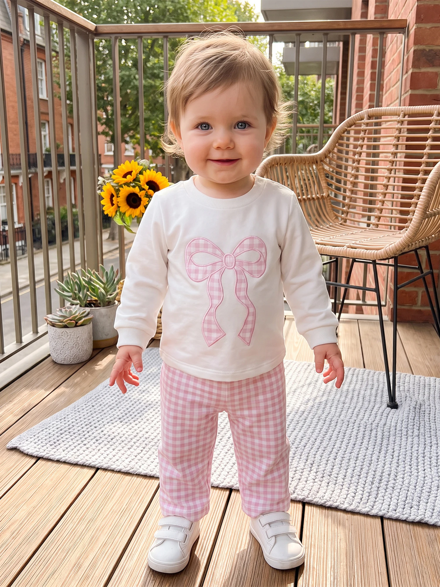 Plaid Bow Embroidery Pants Long Plaid Bow Outfits-Plaid Toddler Girl Fall Girl Fall Outfits Bow Embroidery