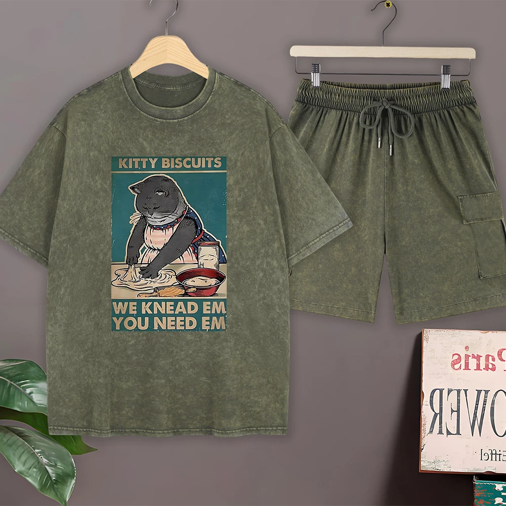 

Комплект мужских летних футболок и шорт: хлопковые футболки с коротким рукавом и шорты-карго, оверсайз, с круглым вырезом, с принтом «Cat Knead Em Cat Need Em»