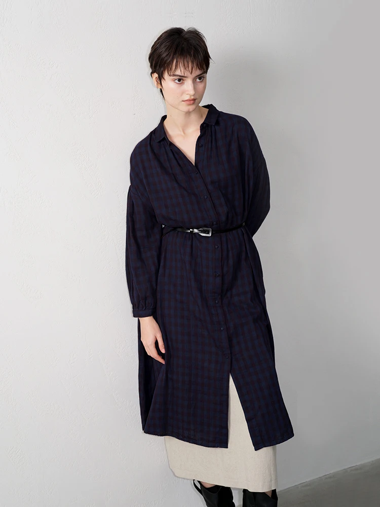 

Женская повседневная свободная удлиненная хлопковая рубашка Tuytuy из чистого хлопка, приятная для кожи, классическая сине-фиолетовая в клетку, с боковыми карманами