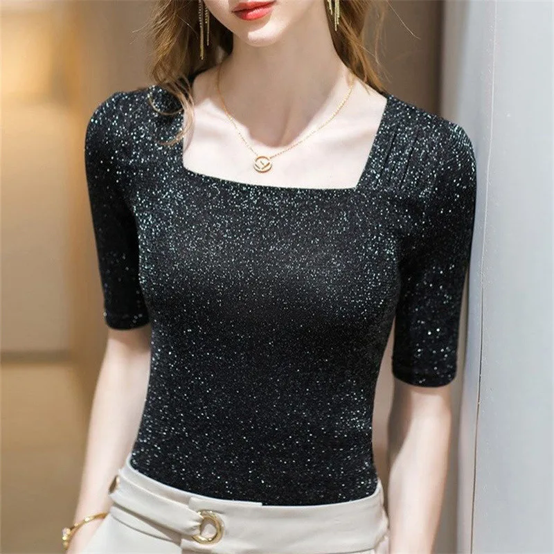 Sexy Mesh Square Collar Elegant Bright Silk Chic Short Sleeve Basic T Shirt Women 2023 Summer Fashion Skinny Party Ladies Tops