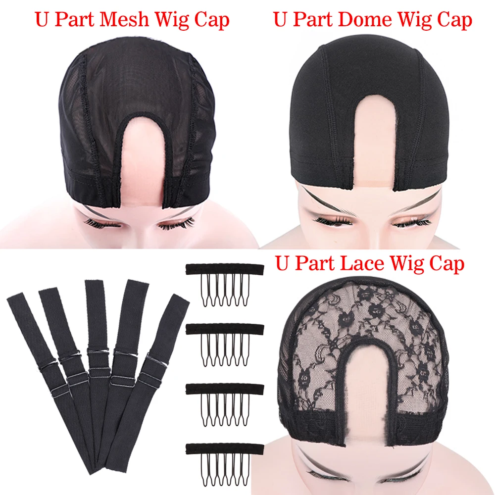 Cuffia per parrucca con parte a U da 2 * 4 pollici con clip e cinghia regolabile per realizzare parrucche Berretto a rete a cupola elastica Tappi a cupola con fori piccoli per uomo Donna