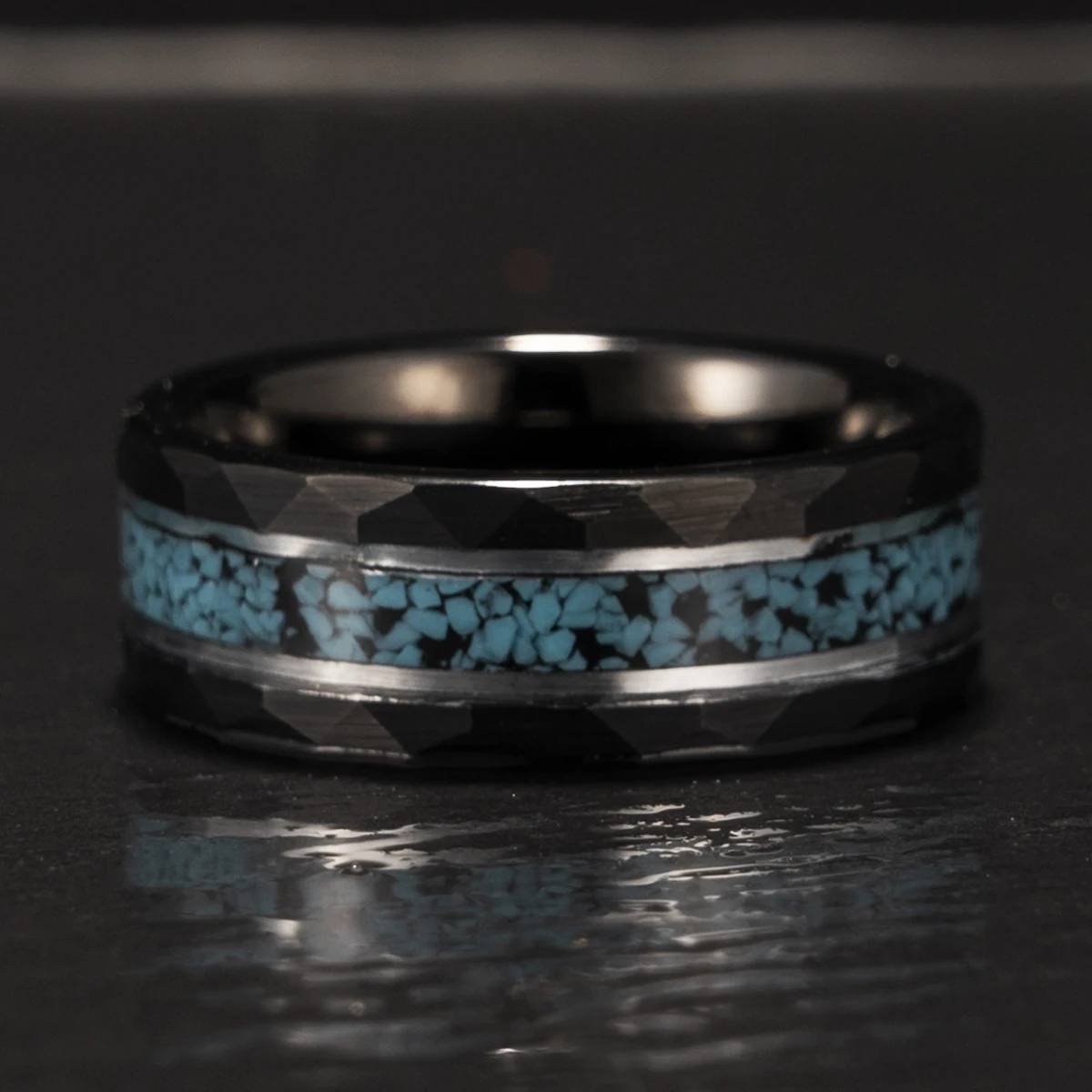 Black Tungsten Carbide Ring, 8mm Luxury Couple Wedding Rings for Men and Women, Crushed Turquoise for Daily Wear, Anniversary