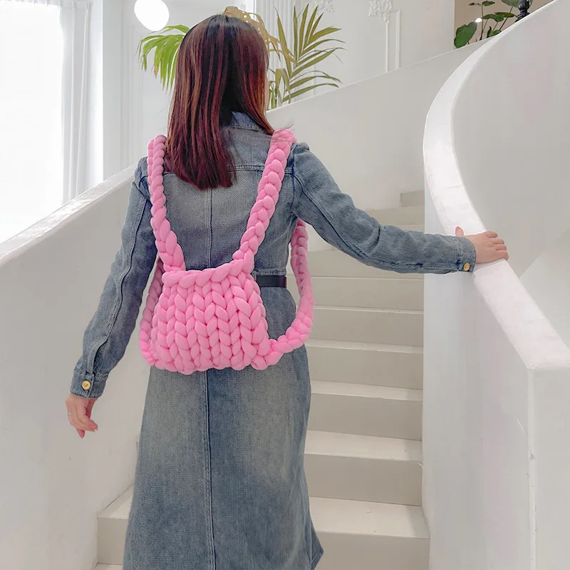 Double Shoulder Backpack Hand Woven Super Thick Icelandic Wool Shoulder Bag Girls Lovely Homemade Wool Backpack for Girls