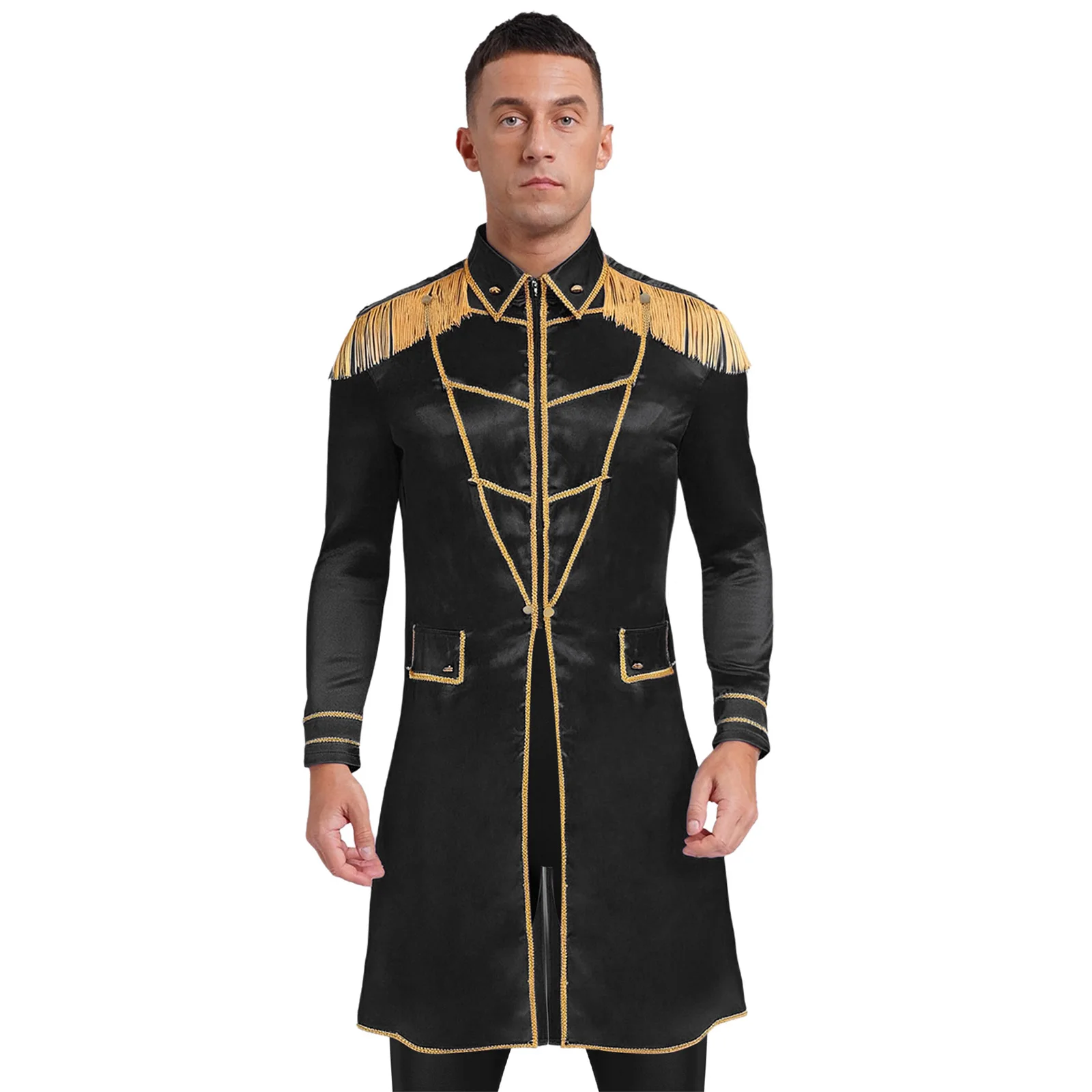 

Halloween Men Medieval Renaissance Long Coat Long Sleeve Fringe Boards Gold Trim Tail Coat Jackets Satiny Steampunk Outerwear