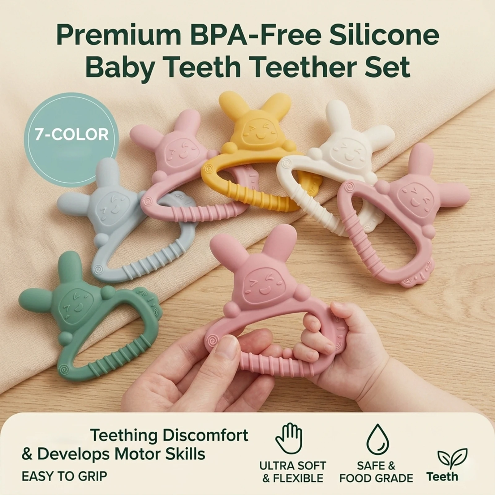 This adorable bunny teething toy is made of food-grade silicone and is a must-have for babies during their teething period.