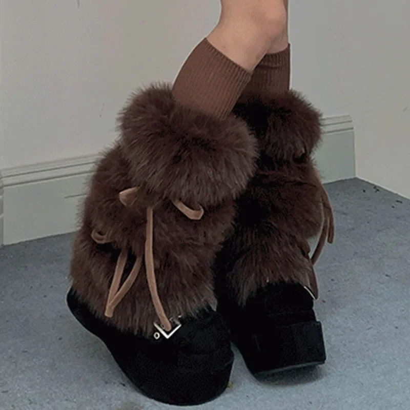 Mirador Style Rabbit Fur Leg Warmers Thickened Plush Bow Tie Plush Leggings Cold Protective Leggings Boot Cover Y2k Punk Socks