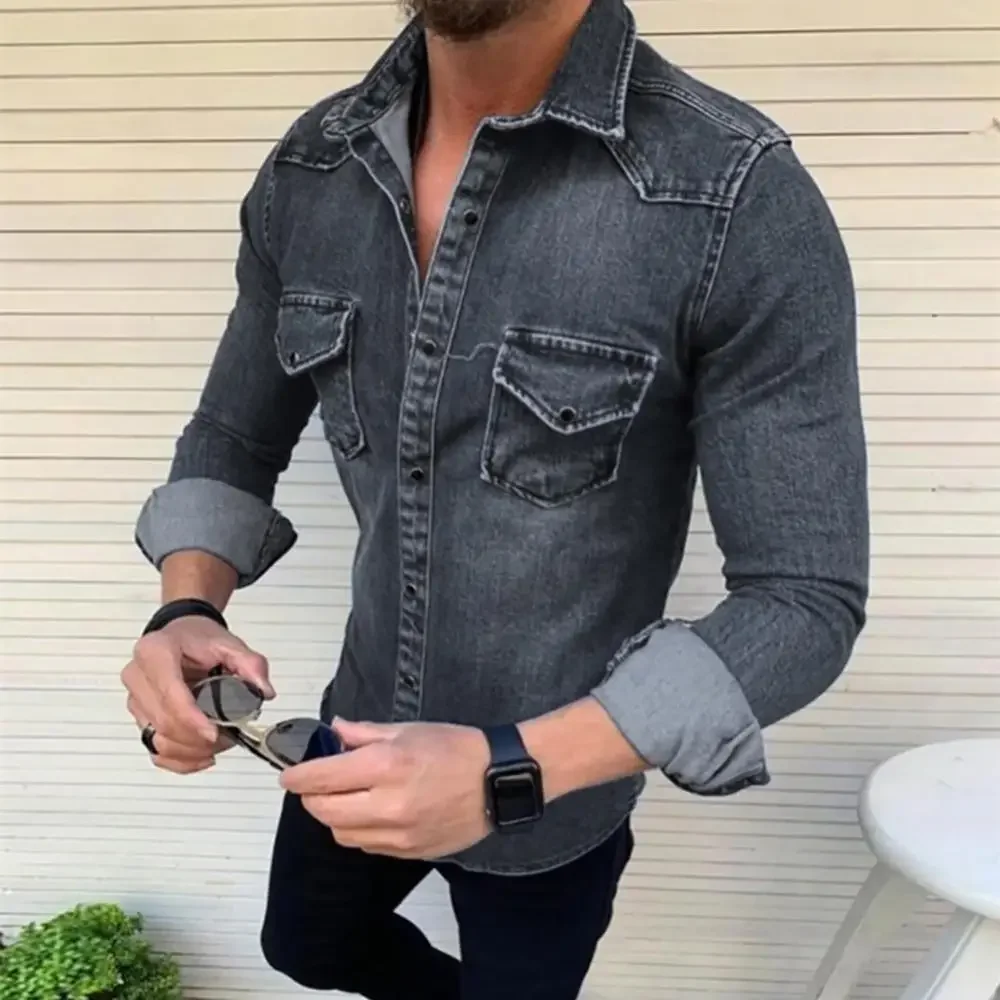 Fashion Long Sleeve Slim Fits Lapel Collar Pockets Denim Shirt Casual Men\'s Top denim shirts Джинсовые рубашки 2023 New