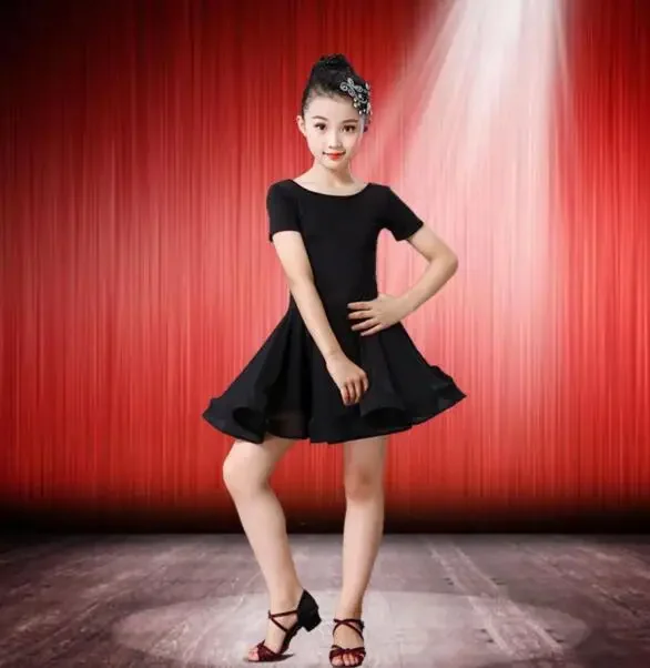 Girl Latin Dance Dress Children Dance Costume Salsa Black Kids Red Tango Dresses Dancing Stage Performance Solid Dress