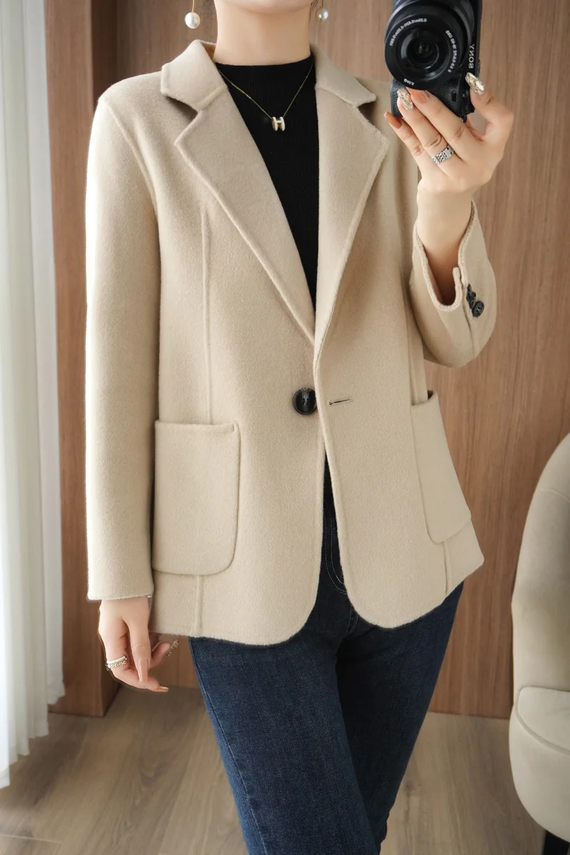 Autumn and Winter New 100% Pure Wool Double sided Coat Women's Medium Fit Suit Collar Fashion Trend Solid Color Coat Top