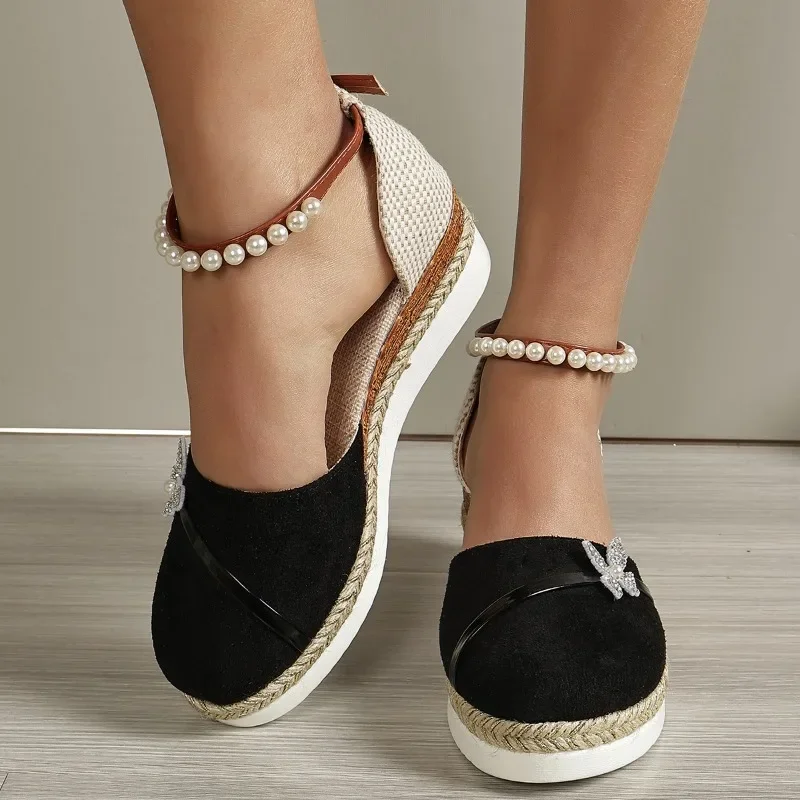 New 2024 Summer Women Butterfly Pearl Linen Plain Wedge Sandals Bohemian Ladies Casual Comfortable Espadrilles Platform Shoes