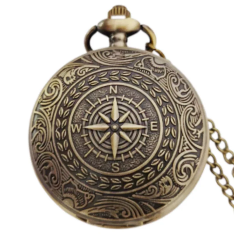 Retro Charm Neutral Fashion Compass Engraved Quartz Pocket Watch Steampunk Men's and Women's Necklace Pendant Gift
