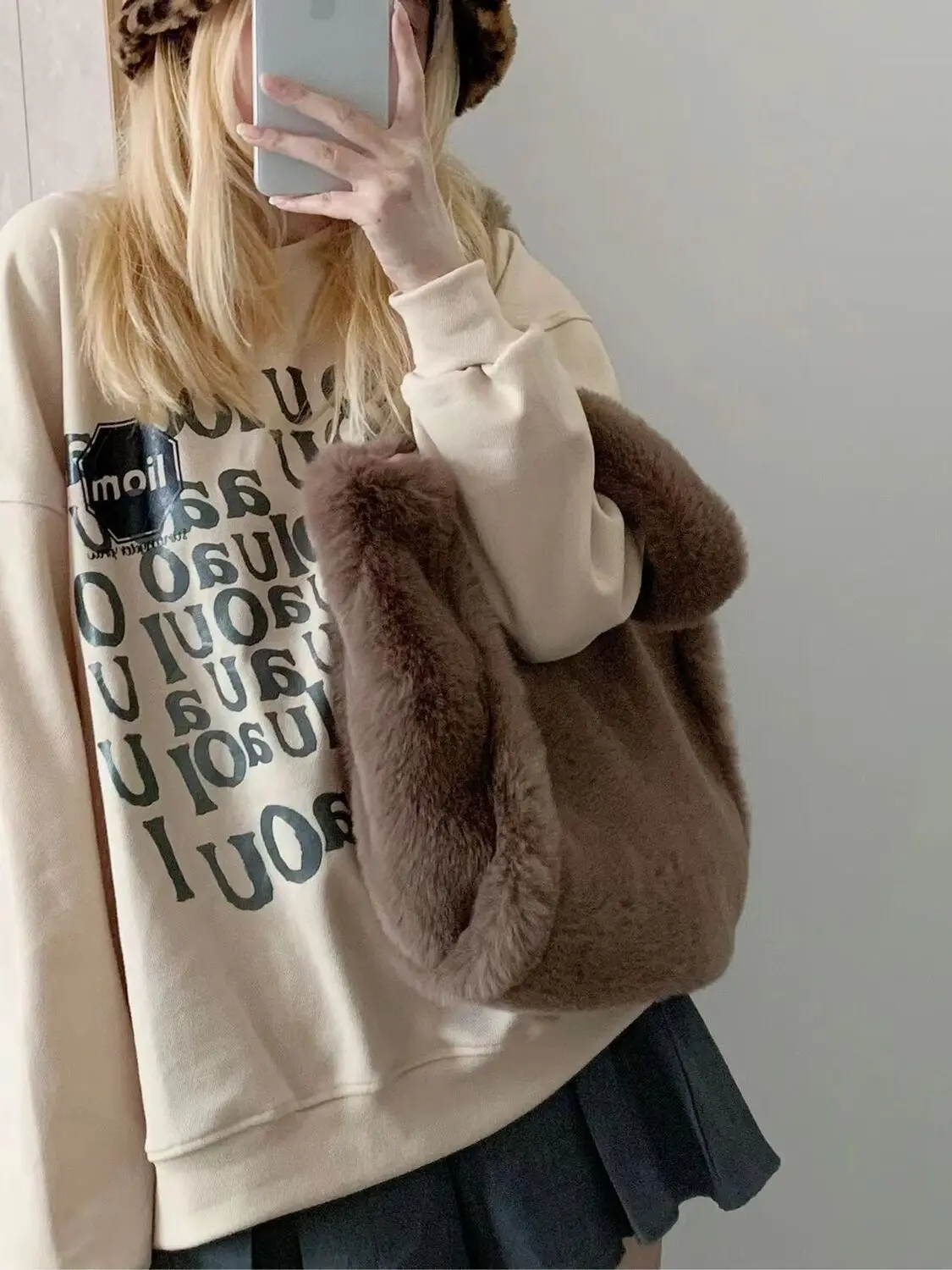 JIAERDI Plush Tote Bag Women 2023 Autumn Vintage Fur Soft Large Capacity Coffee Shoulder Bag Female Retro Y2k Handbag Aesthetic