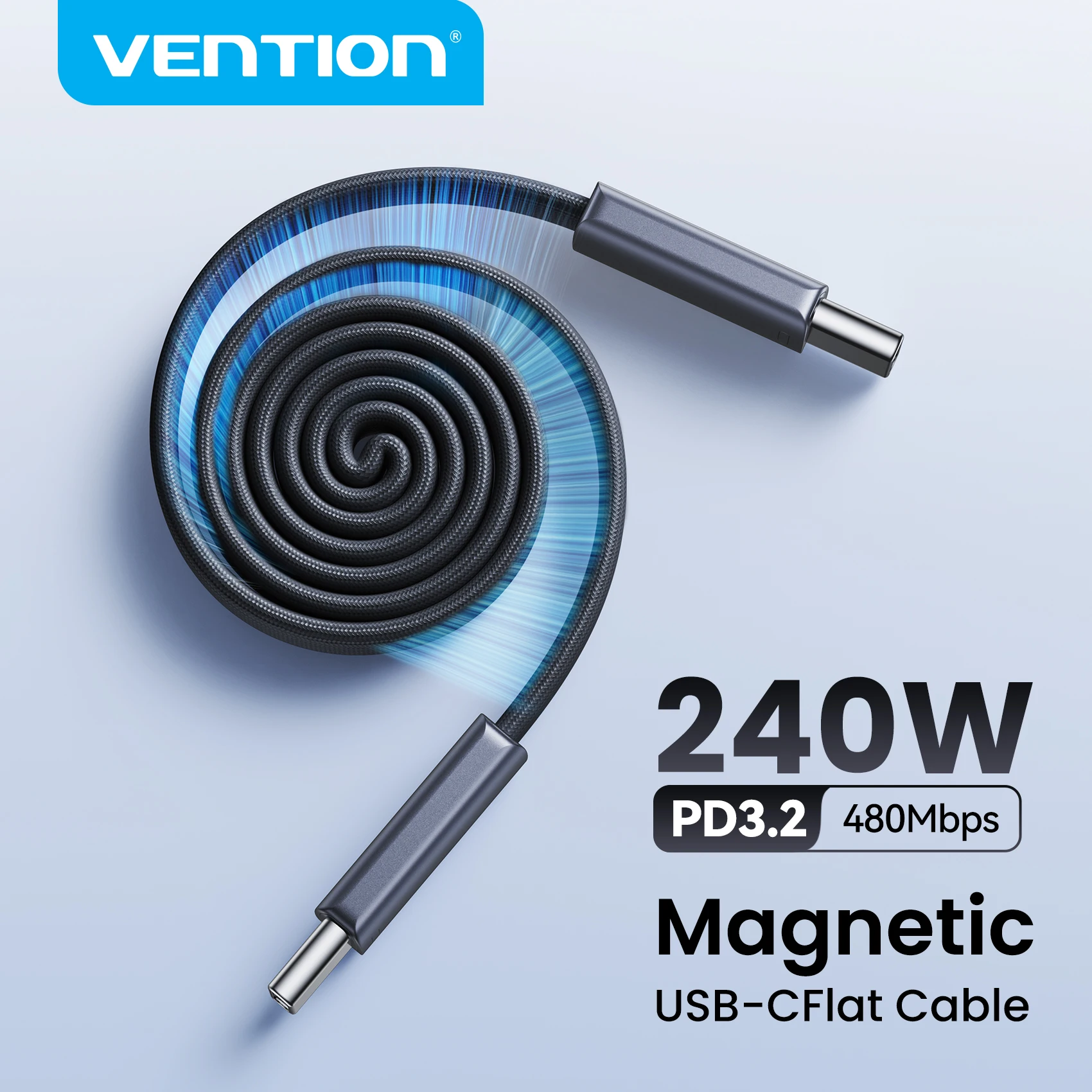 Cabo Magnético USB C Vention 240W, Cabo USB C para Tipo C para MacBook, Laptop, iPhone 17, 16, 15, Samsung S25, 24, iPad, Cabo de Carregamento Rápido