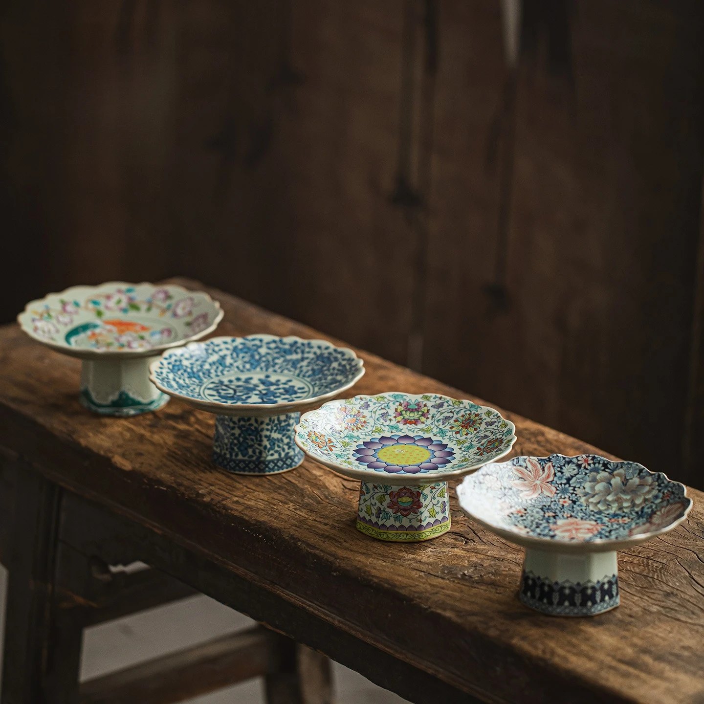 

Blue White Ru Kiln Chinese Ceramic Fruit Plate High Foot Elegant Home Tea Dessert Tray