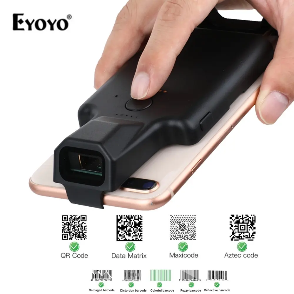 Eyoyo 2D Phone Back Clip Bluetooth Barcode Scanner Portable Barcode Reader Data Matrix Code 1D 2D QR Scanner Android IOS System