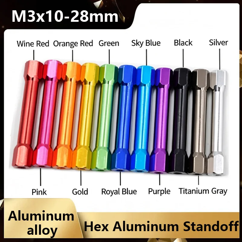 M3x10-28mm double female hex aluminum standoffs. Light, rustproof, easy install. Multi colors for FPV, RC drones & model planes.
