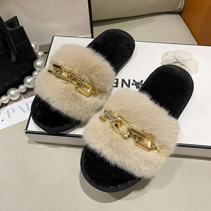 Fluffy Fur Slippers 2024 New Fashion Chain Design Women Home Slippers Winter Indoor Open Toe Flat Non-slip Leisure Female Shoes