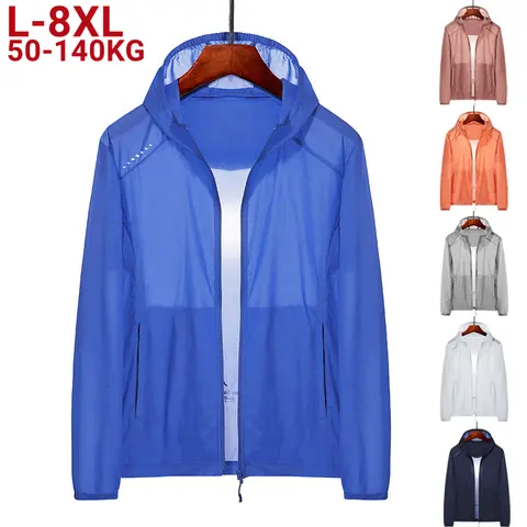 플러스 사이즈 8xl 여름 지퍼 포켓 Uv 자외선 차단 스킨 코트 남성 통기성 나일론 초경량 윈드 브레이커 후드 캐주얼 자켓, 여름
