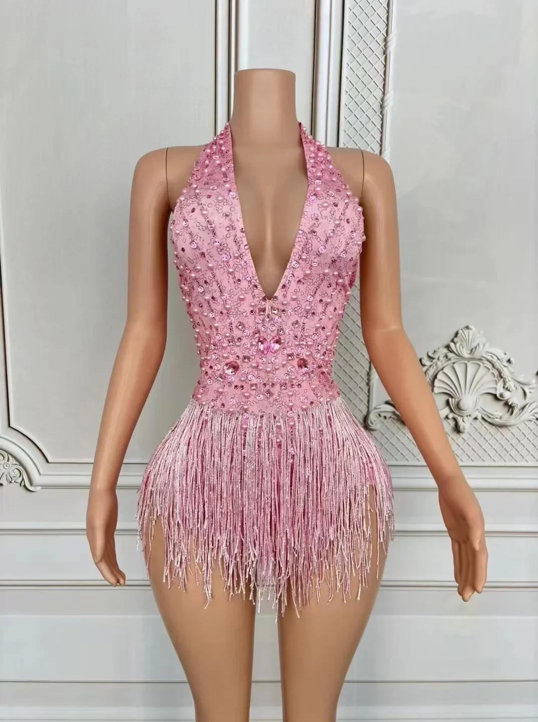 

European and American Modern Dance Costumes Sexy Deep V Pink Tassel Jumpsuit Female Singer Stage Lead Dance Performance Costumes