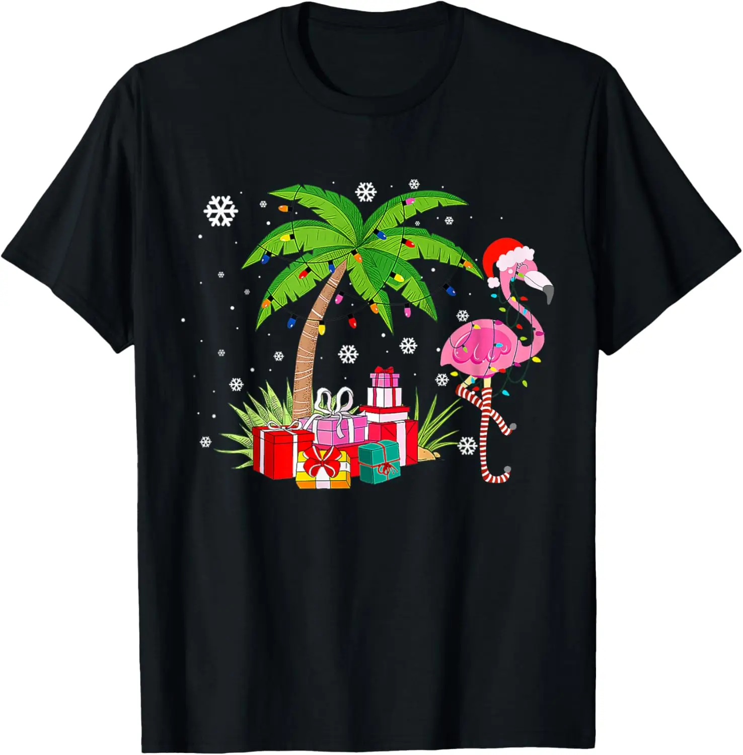 Flamingo Christmas Palm Tree Tropical Xmas Funny Graphic Tee Soft Cotton T-Shirt