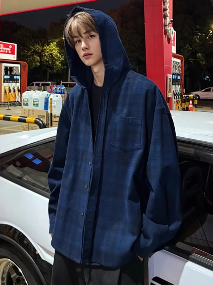

American Retro Blue Plaid Men's irt Lazy Sle Loose id irt Advanced Feeling Cool Hooded Jaet Polyester Fiber Summer ...