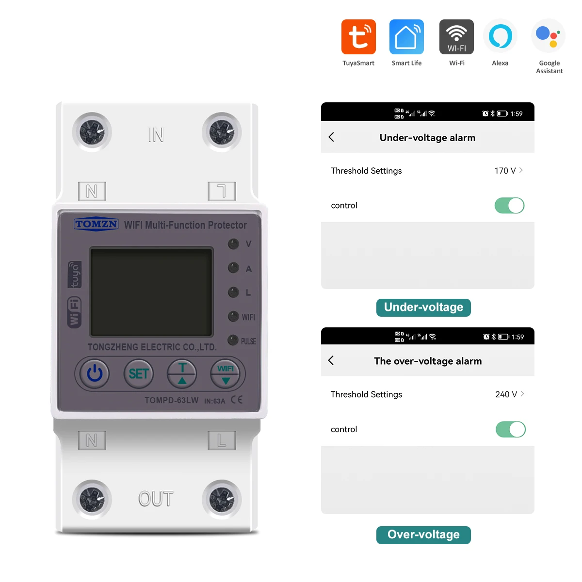 TOMZN 63A WIFI Smart Switch TUYA Energy Meter Kwh Metering Circuit Breaker Timer with voltage current and leakage protection