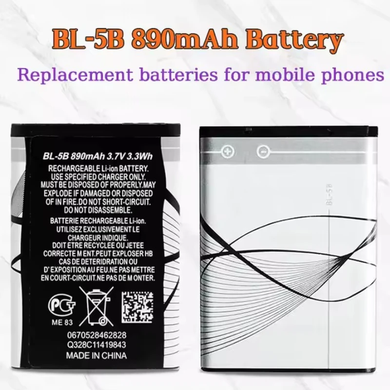 Phone Battery BL-5B 890mAh 3.7V for Nokia N80 N90 3220 3230 5200 5300 5500 5320 6021 6120C1 7260 5070 6100 6300 Replacement Cell