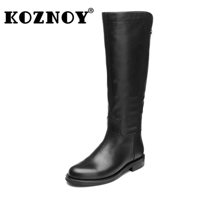 

Koznoy 3cm Natural Cow Genuine Leather Winter Plush Flats Boots Ladies Zip Mid Calf Knee High Booties Women Chimney Autumn Shoes