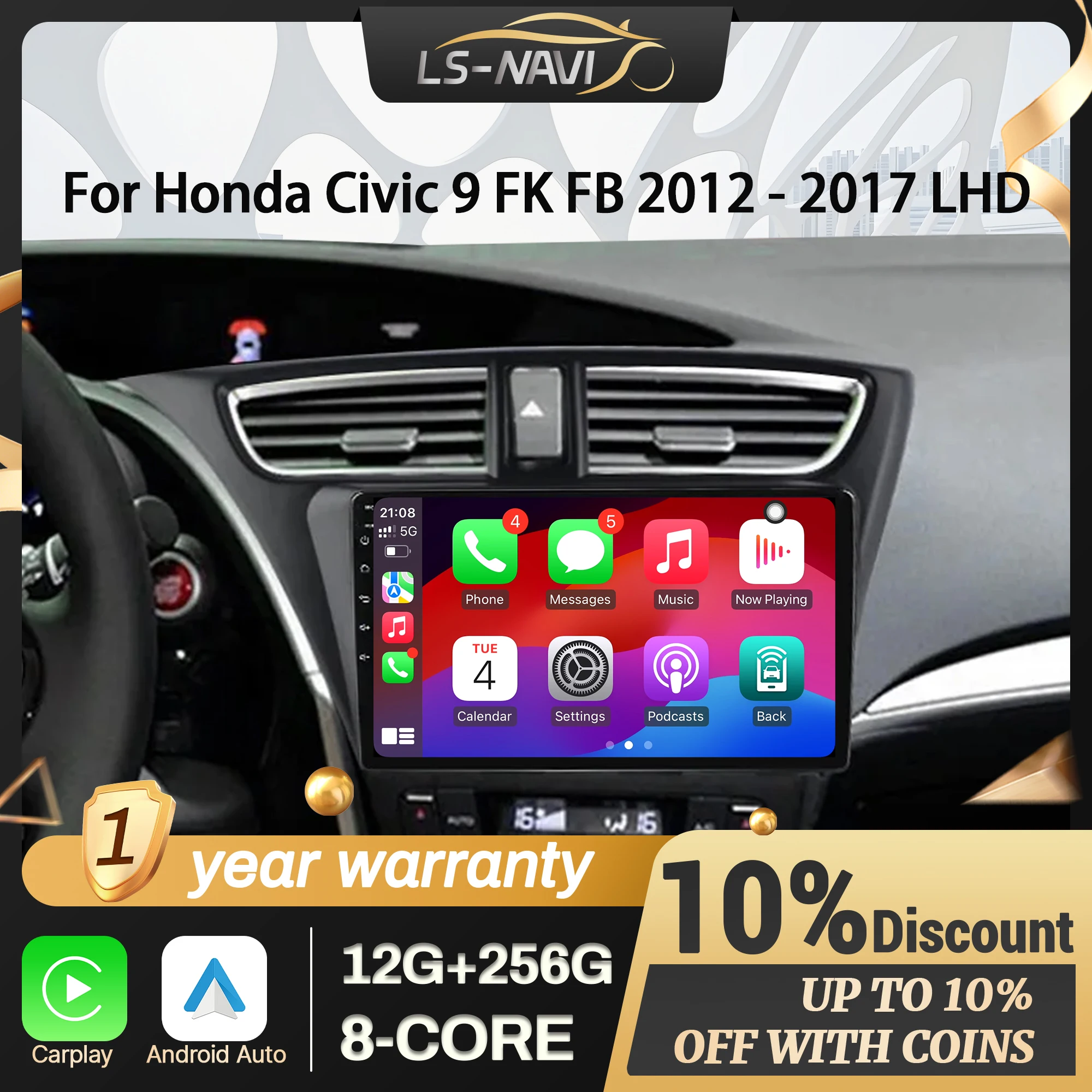 

For Honda Civic 9 FK FB 2012-2017 LHD Android 14 Car Radio Multimedia Navigation 4G GPS Wireless CarPlay Bluetooth Screen