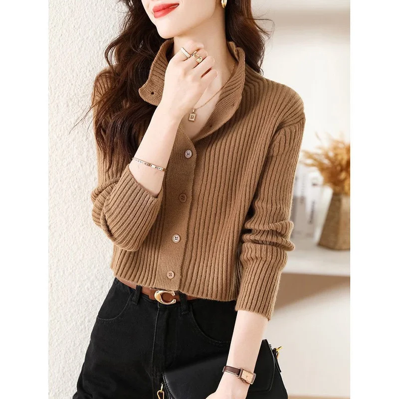2023 Autumn and Winter Fashionable Temperament Simple Stand Collar Lazy Style Knit Short Sleeved Solid Color Cardigan Sweater