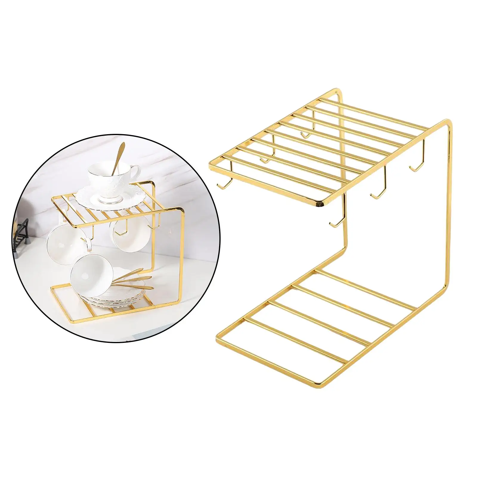 Modern 6 Hooks Metal Coffee Mug Cup Holder Rack Cup Storage Rack, Golden, Housewarming Gifts