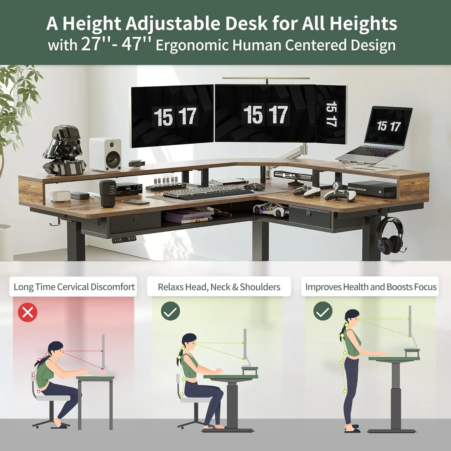 Fezibo Triple Motors Supports Over 300Lbs, L Shaped Standing Desk With Led Strip & 2 Drawers, Upper And Lower Storage Shelves