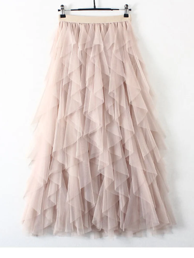 Tutu Tulle Long Maxi Skirt Women Fashion 2022 Korean Cute Pink High Waist Pleated Skirt Mesh Female Lady Aesthetic Faldas