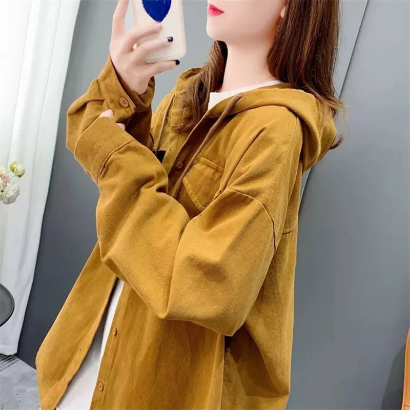 Koreaanse blouses met lange mouwen en capuchon, lente herfst, nieuwe mode, middellange losse top met lange mouwen, streetwear dameskleding