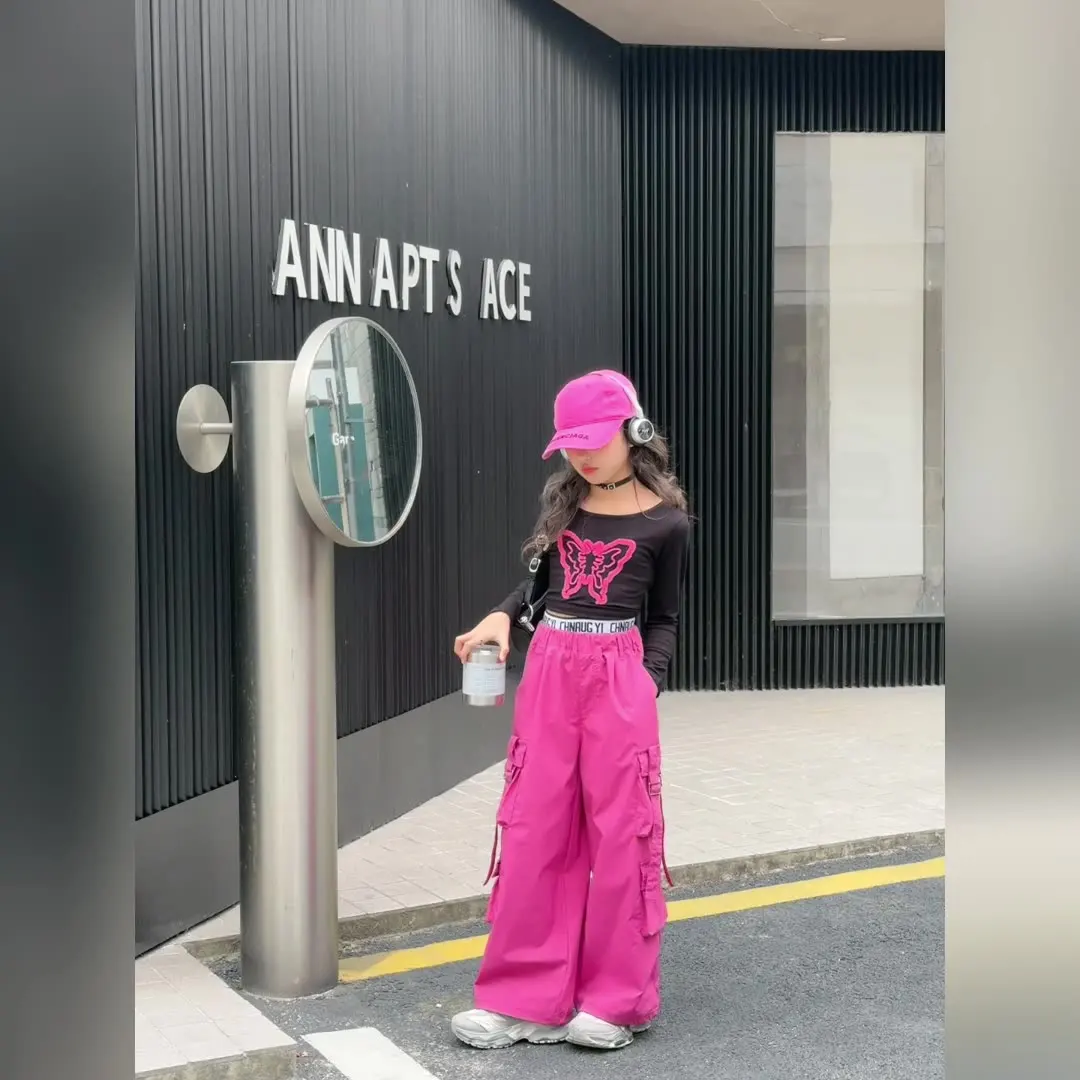 New Girls Hip hop Street Dance clothes hot pink cargo pants cotton Embroidered butterfly tops t-shirt junior kids Jazz outfits