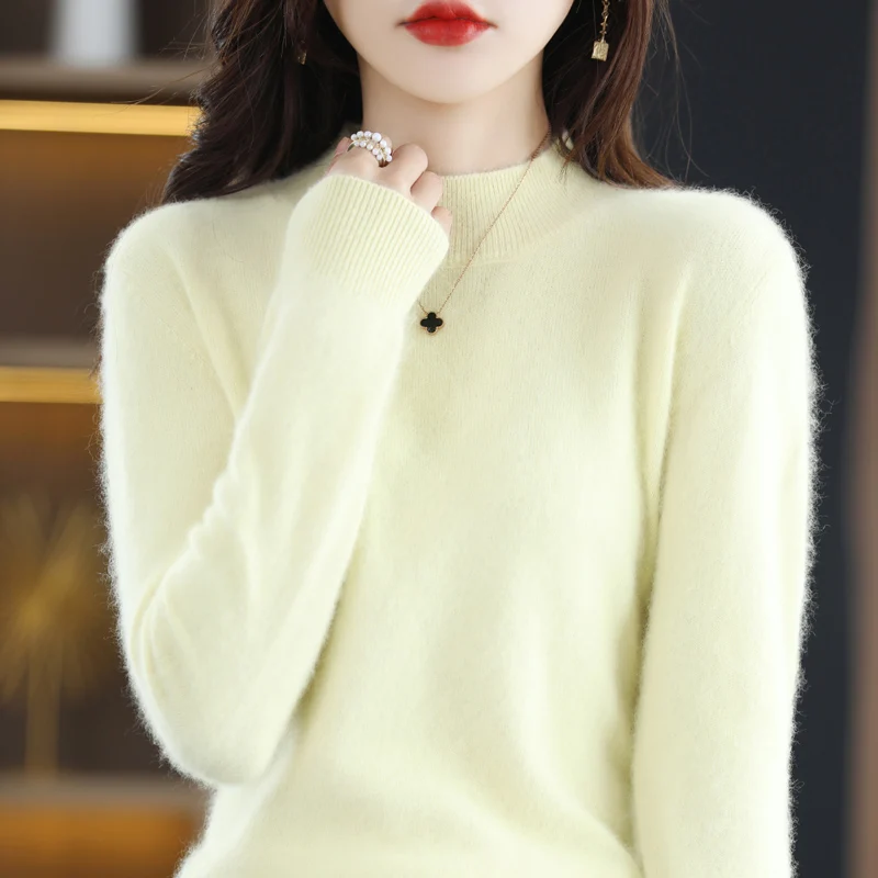 Seamless Women\'s Pullover Sweater Mink Cashmere Knitted Half High Neck Long Sleeve Slim Fit Top Autumn/Winter New Korean Edition