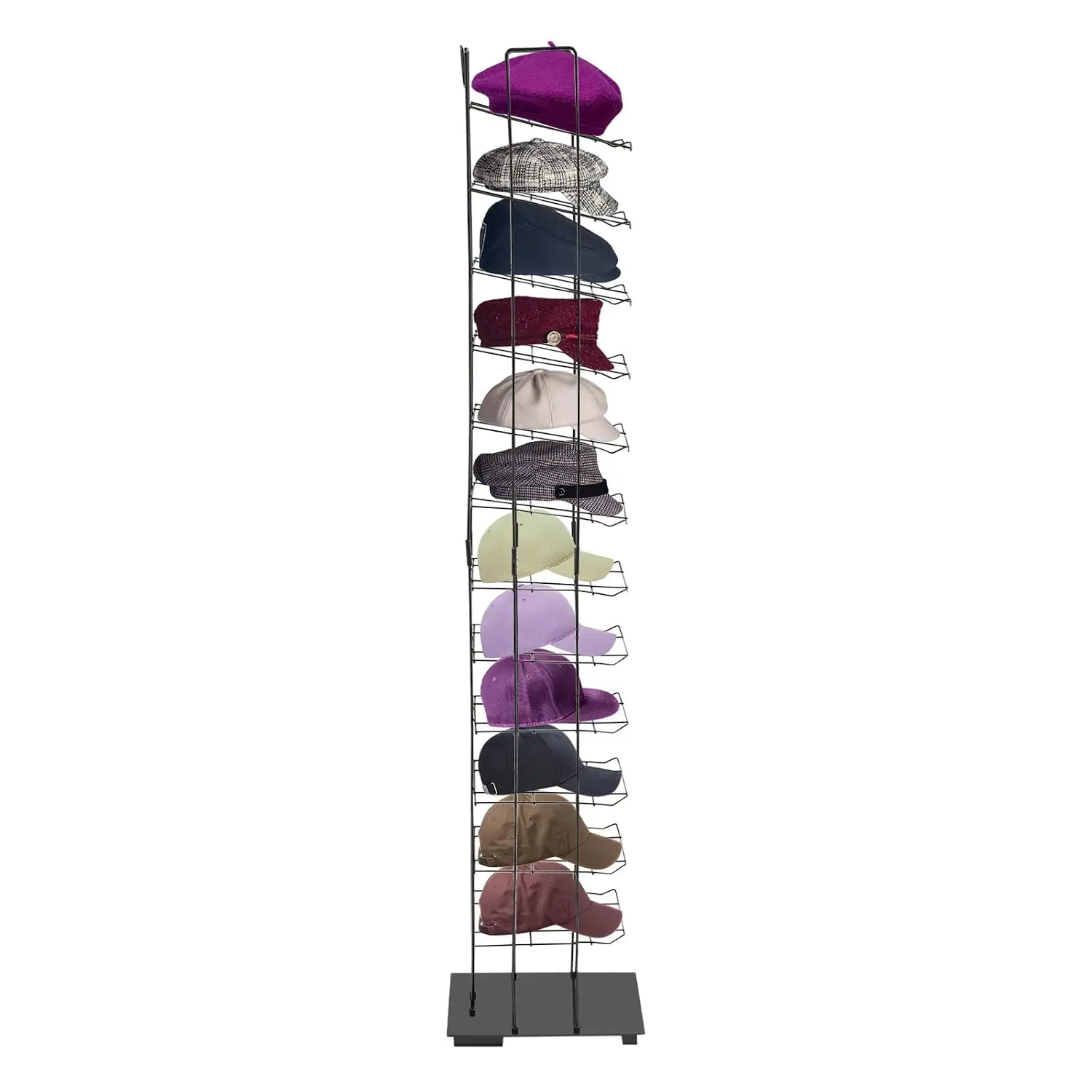 12 Tier Large Capacity Cap Rack, Floor Standing Hat Display Rack, 74in Height Iron Cap Display Tower, Heavy Gauge, Customized