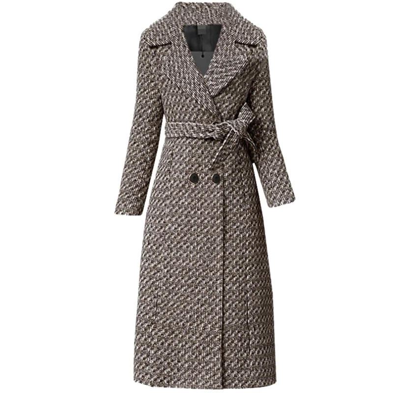 Manteau en cachemire à carreaux pour femmes, veste longue en laine, pardessus à double boutonnage, coupe-vent en laine, ceinture mince, vêtements d'extérieur pour femmes, automne, hiver