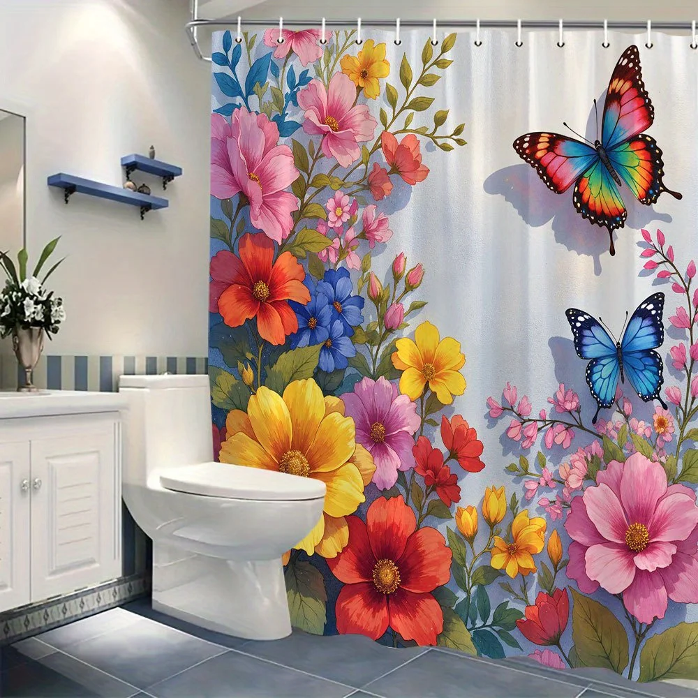 Spring Flower Butterfly Shower Curtain, White Base Vivid Color Bloom Insect Pattern Waterproof Partition Curtain for Home Shower