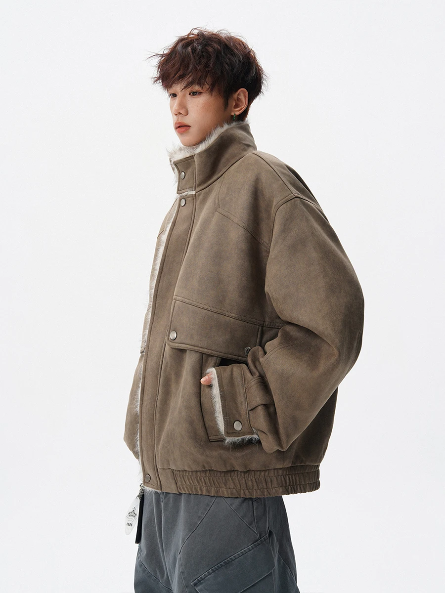 Jaket Motor Kulit Pria Thiened American Sle, Model Longgar, Bahan Katun Hangat untuk Musim Dingin, Pakaian Luar Kulit Katun untuk Pengendara Motor