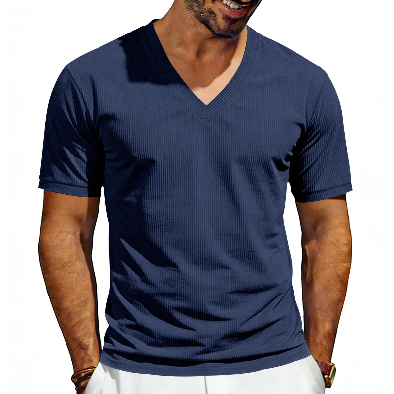 Men's 1-piece vertical stripe V-neck short-sleeve T-shirt, loose, lightweight, breathable, summer casual basic short sleeve