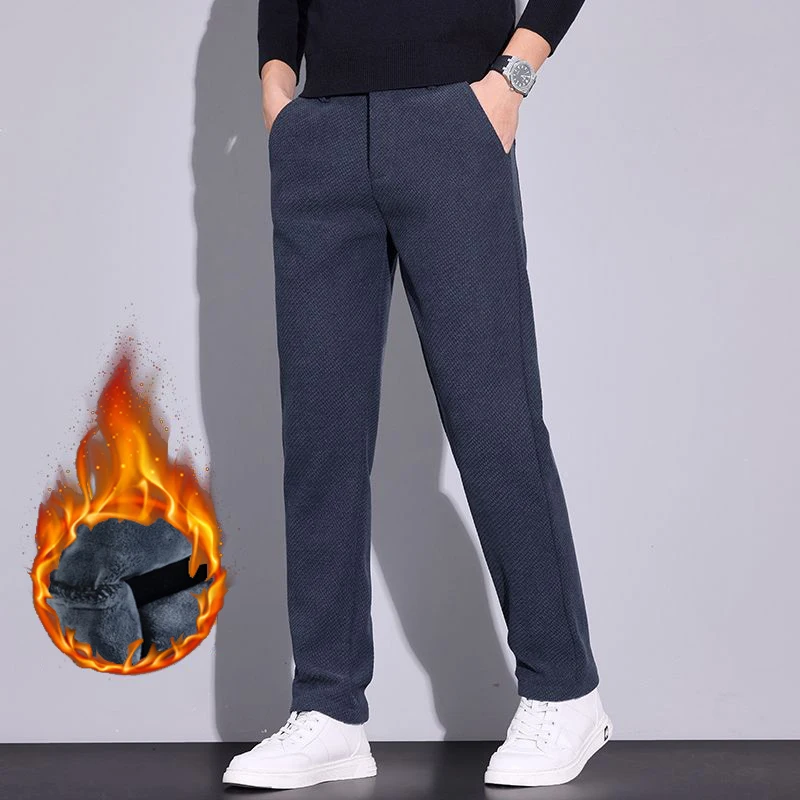 

Мужские новые зимние теплые плюшевые флисовые брюки, мужские деловые повседневные облегающие прямые брюки, удобные повседневные черные брюки