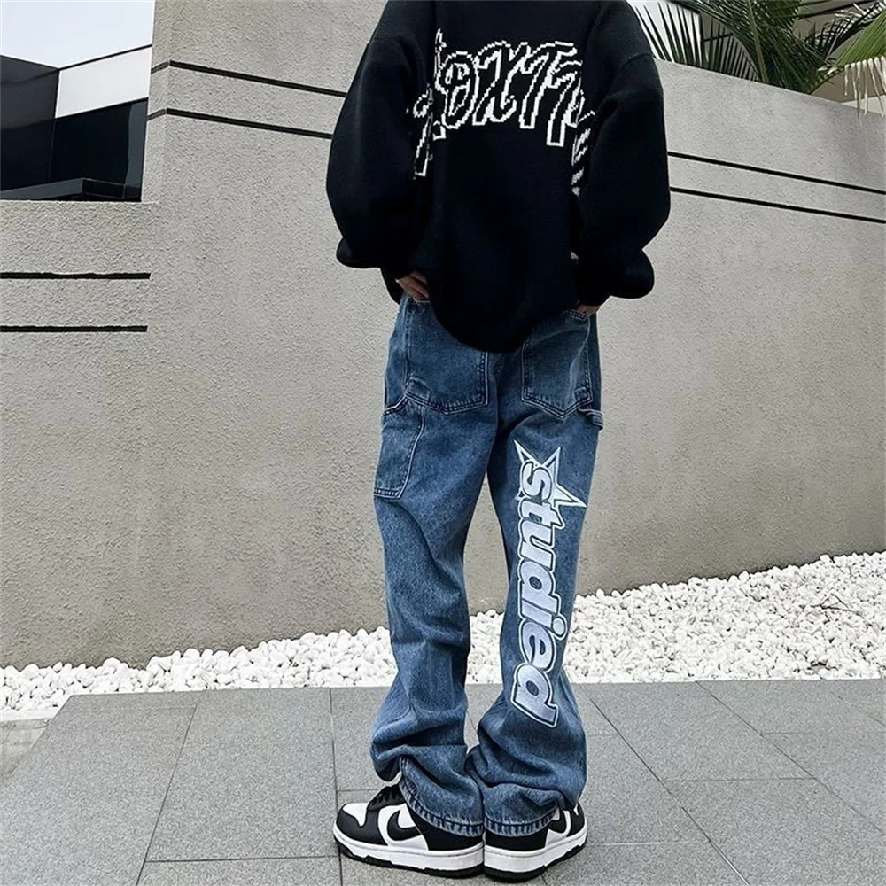 Primavera outono moda rua carta bordado calças de brim retro estilo hip hop perna reta calça solta casual calças largas