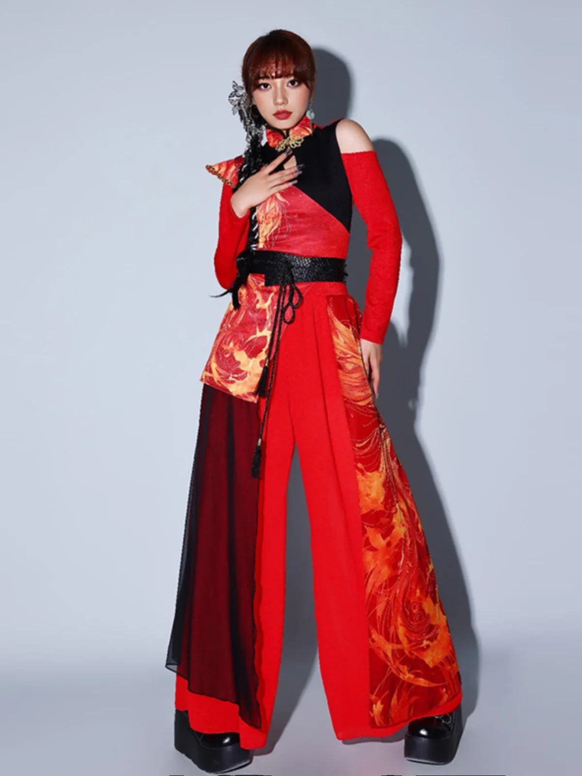 Red National Trend Dance Costume Stage Performance Drumming Outfit Year End Show Jazz Dance New Arrival Women's Ethnic Wear view 4