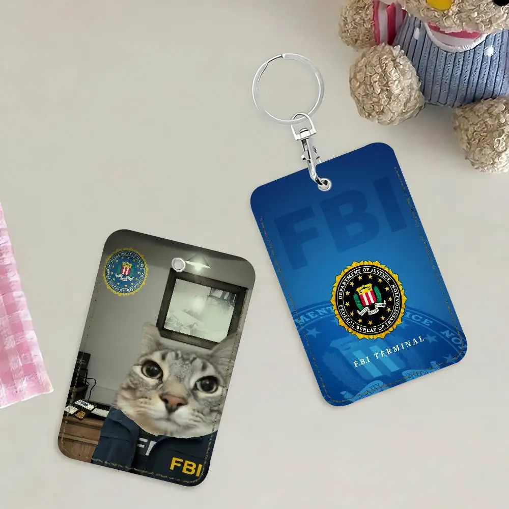FBI Cut Card Holder with Keychain PU Leather Lightweight Credit Card Sleeve for Commuter