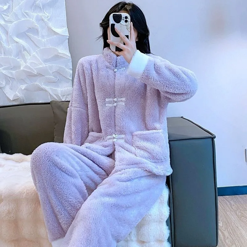 Autumn and Winter Chinese Style Ms. Thickening Type Coral Fleece Tang Dynasty Style Can Be Worn Outside Loungewear Thermal Suit