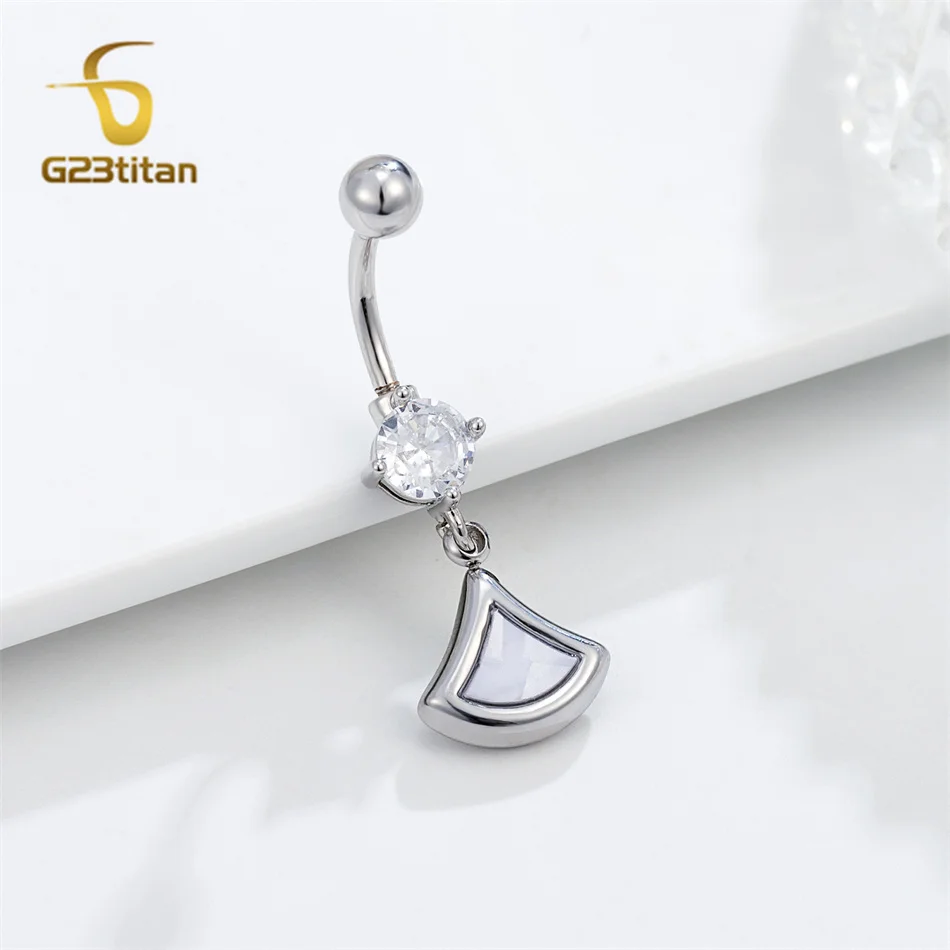 خواتم السرة الأنيقة قطاع المتدلي مطعمة قذيفة بيضاء سحر F136 التيتانيوم ثقب البطن الحديد 14 جرام مثير Shoop النساء المجوهرات
