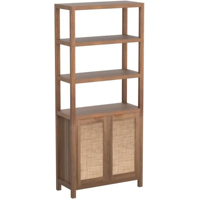 SICOTAS Bookshelf 5 Tier Rattan Boho Tall Bookcase with Doors Storage Wood Shelves Large Farmhouse Bookcases Library Book Case